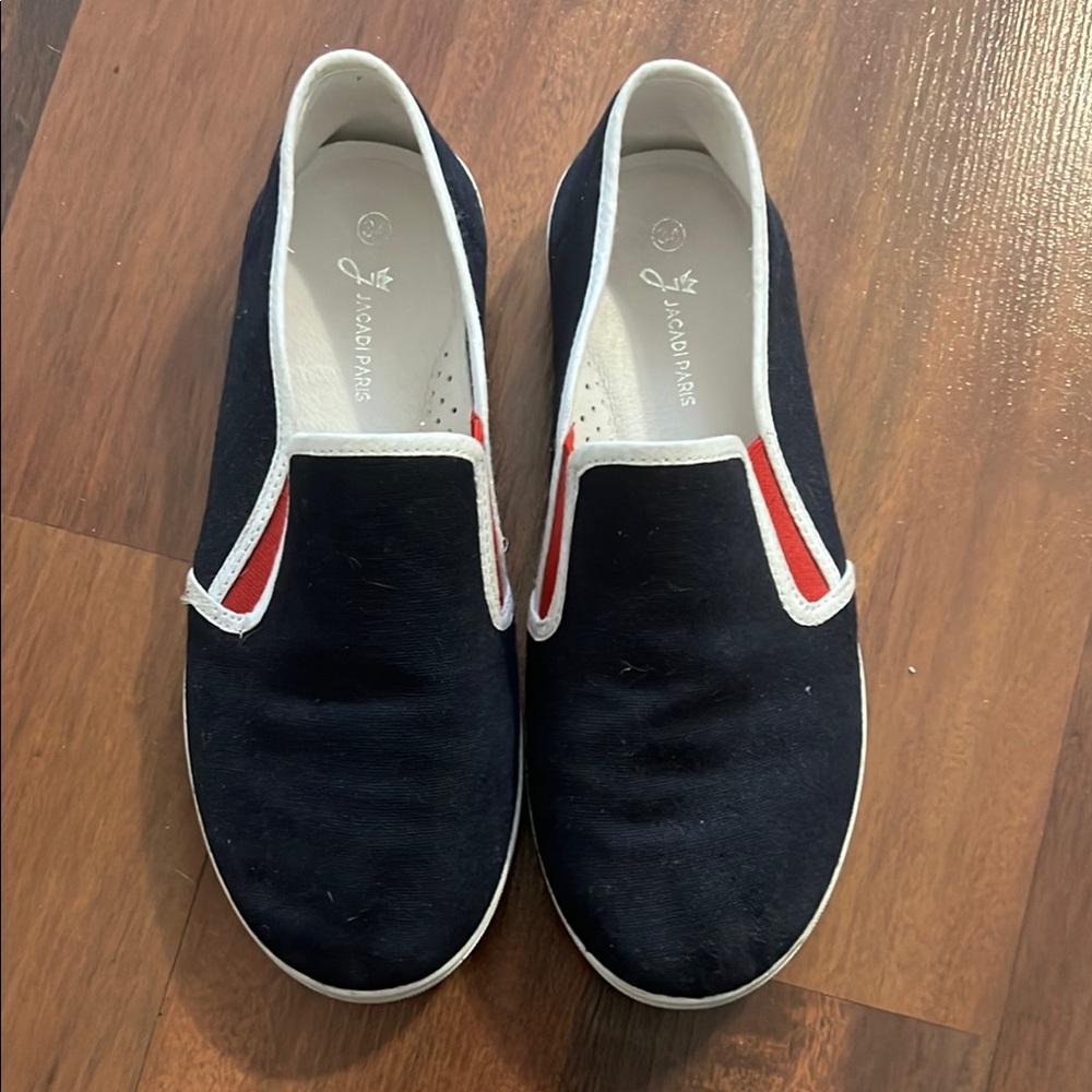 Navy Slip-On Shoes with Red and White Trim